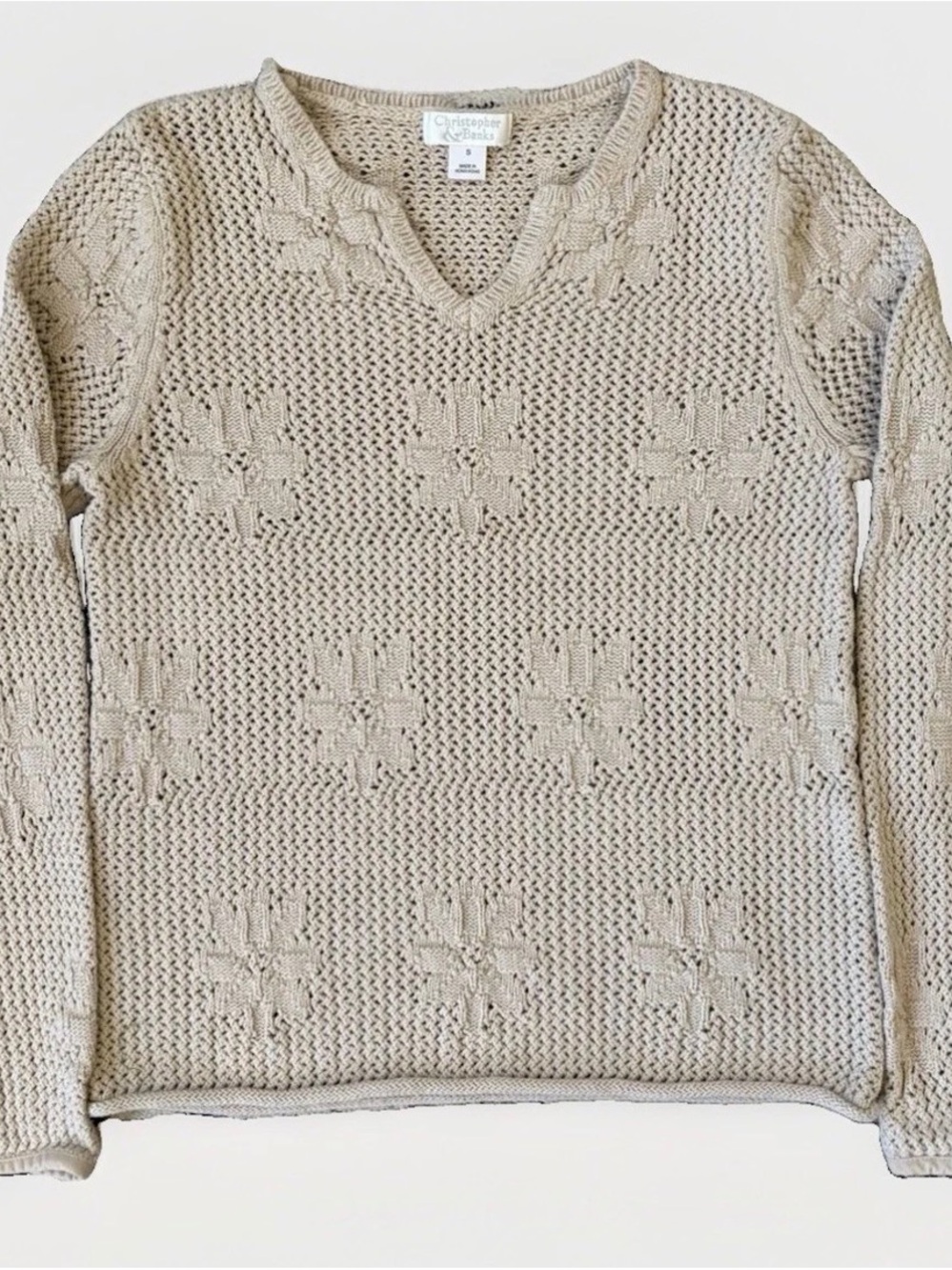 Vintage Christopher & Banks Open Knit Notch Neck Sweater – Tan/Beige Small